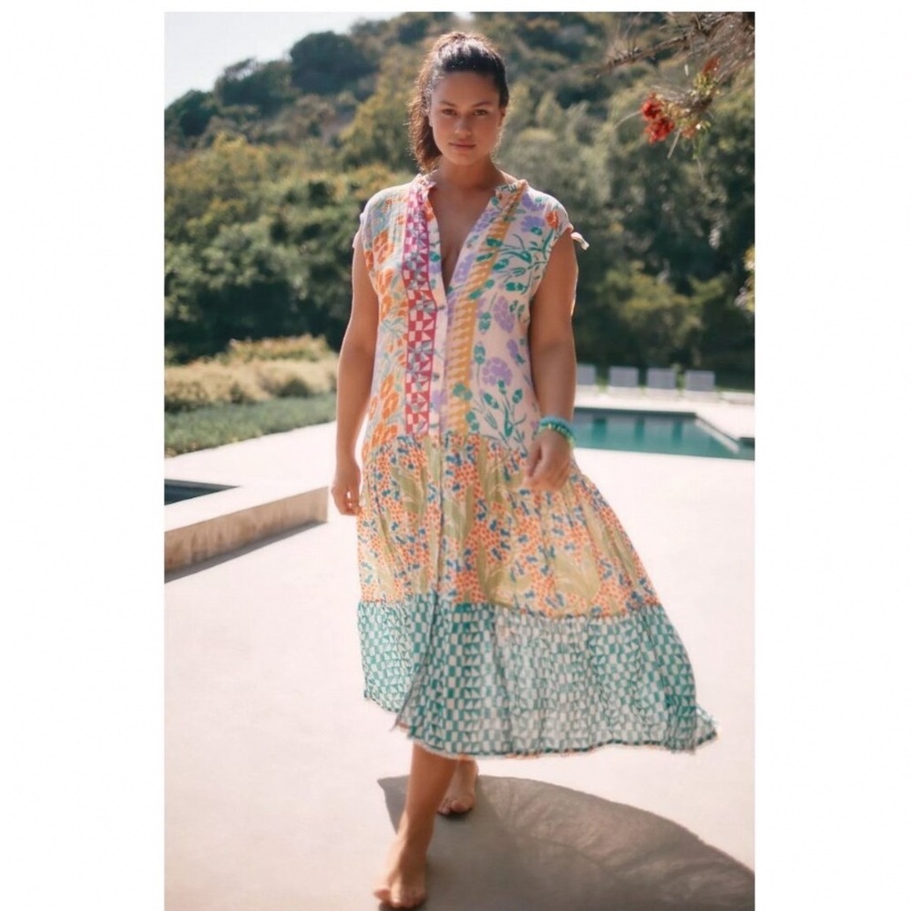 Anthropologie x Ellen Merchant Shoulder-Tie Button down Dress Patchwork Size M